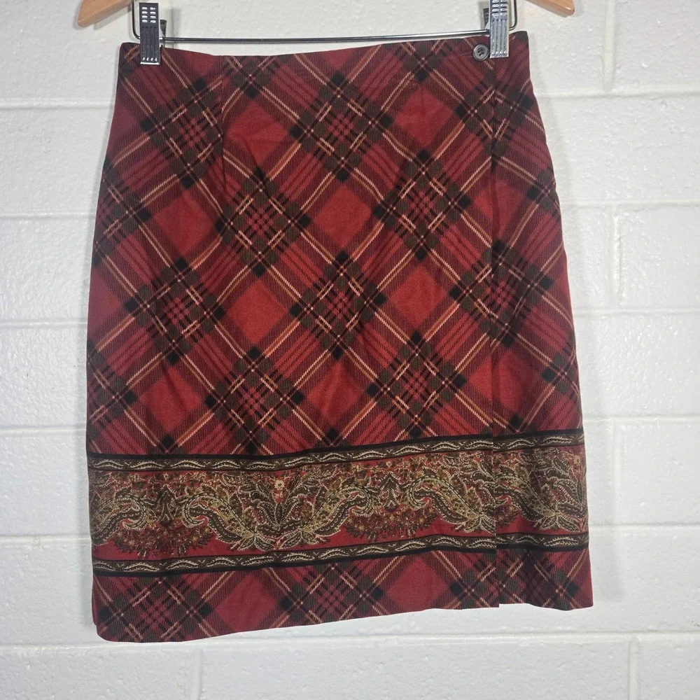 Vtg Breeches Plaid Pencil Skirt 10 Wool Blend Paisley‎ Mixed Print Split Preppy